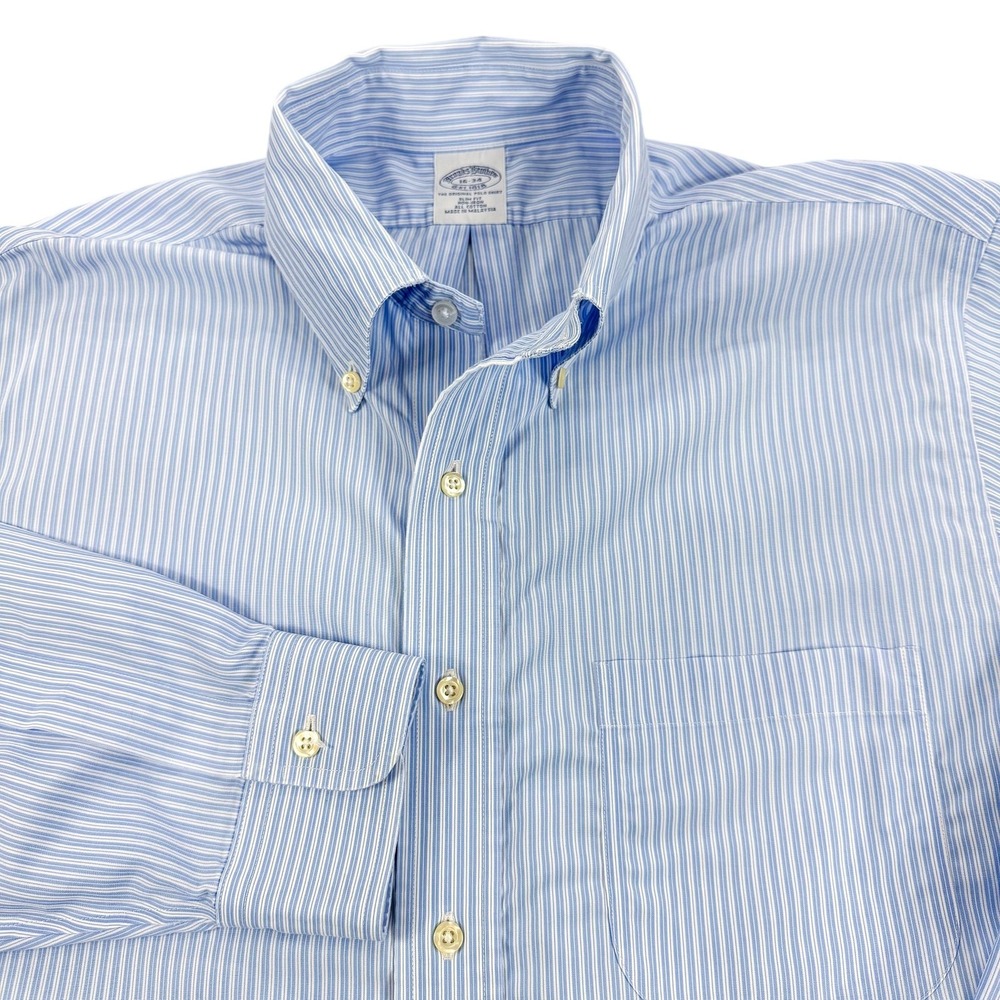 Brooks Brothers Shirt Mens 16-34 Blue Stripe Slim Fit Non Iron All Cotton Office